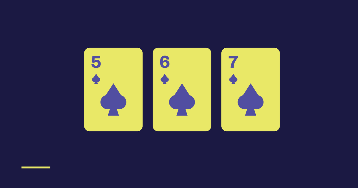 Three cream playing cards on a violet background showing the five, six and seven of spades in order