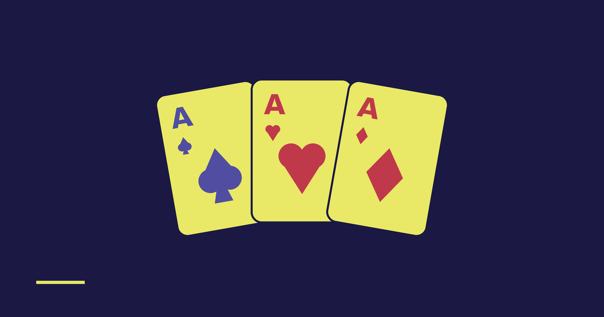 Three lime playing cards on a navy background showing the ace of spades, hearts and diamonds