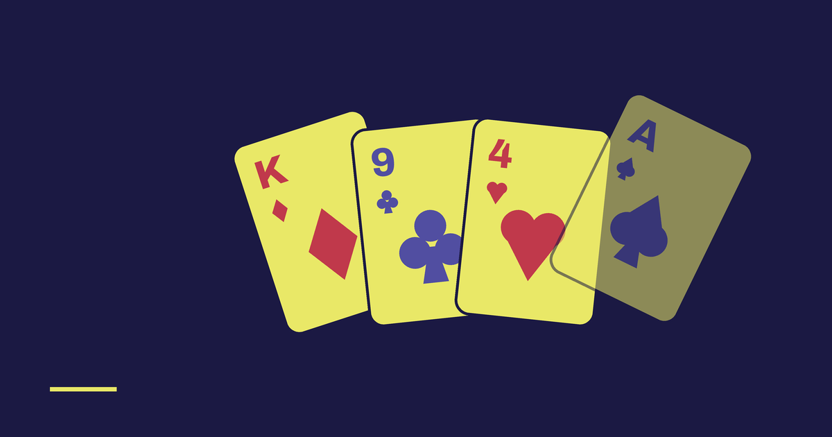 A fan of playing cards on a violet background with one card pulled away from the hand and faded