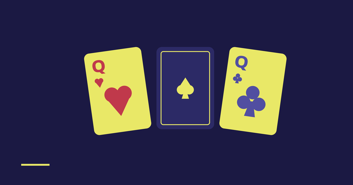 Three playing cards on a violet background: a queen of hearts, a face-down card with a gold spade, and a queen of clubs